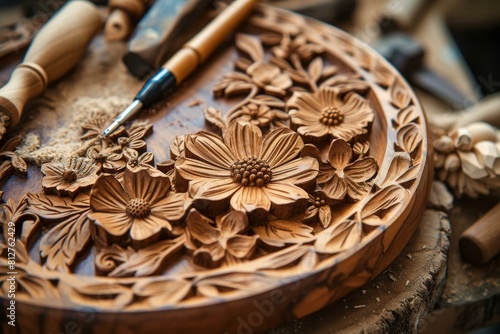 Closeup of a beautifully detailed handcarved wooden plate with floral patterns and carving tools photo