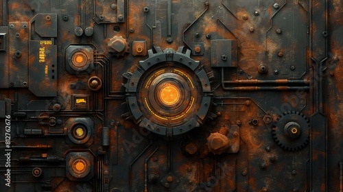 A blend of black and orange colors with interlocking gears in a steampunk and cyberpunk style