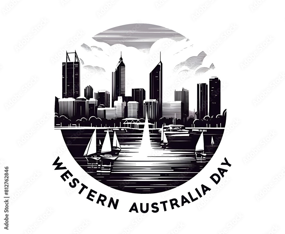 Obraz premium Black and white illustration for western australia day with a perth skyline and sailboats.