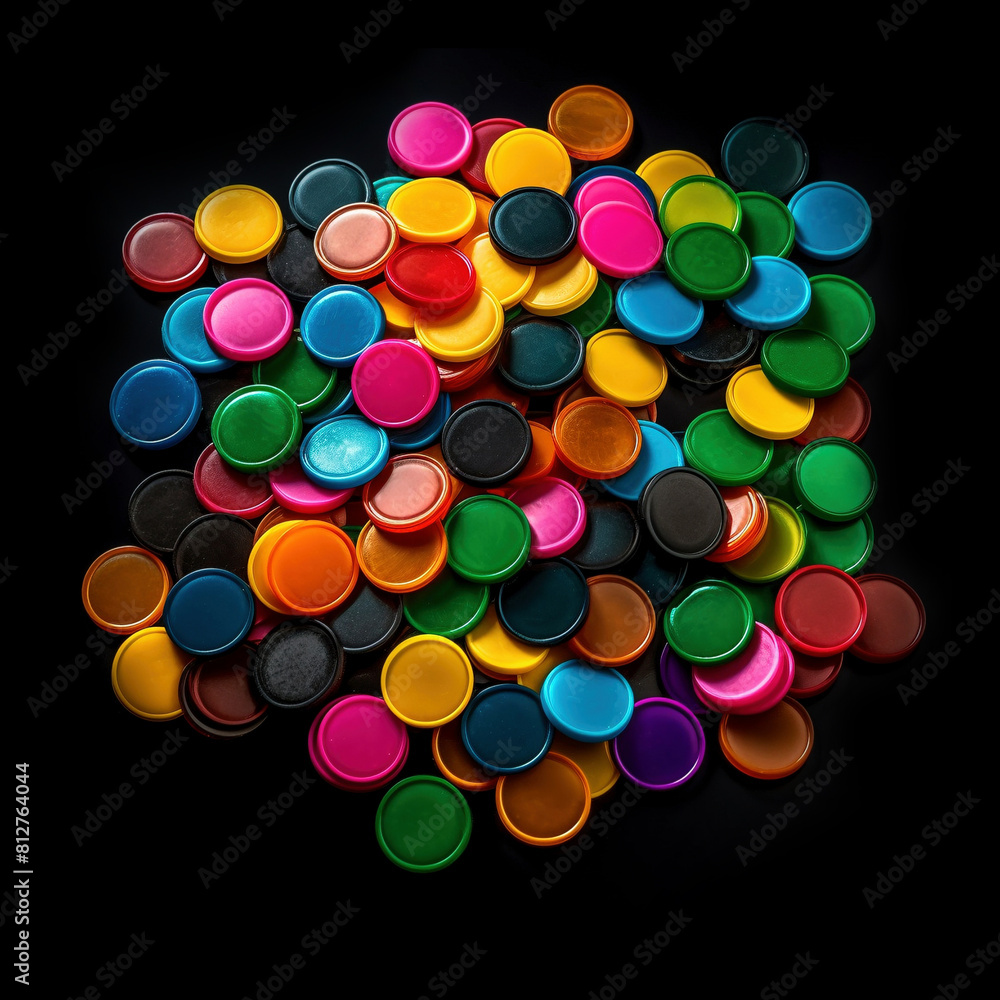 Kaleidoscope of colorful plastic tokens strewn across a midnight canvas Kaleidoscope of colorful plastic tokens strewn across a midnight canvas