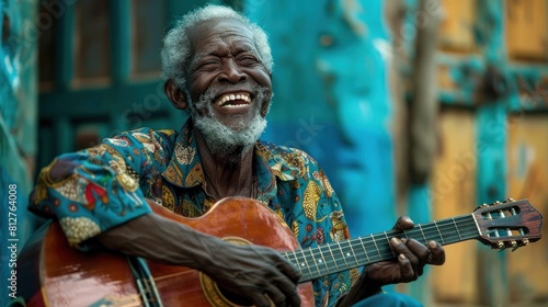 Radiant Elderly Musician Delights with Infectious Smile and Soulful Guitar Performance