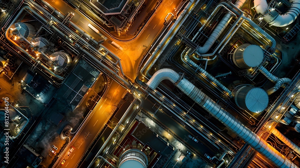 Top down flatlay view of pipelines  storage tanks laid out throughout the CPC oil refinery factory in a petrochemical estate in Taoyuan Taiwan Asia : Generative AI