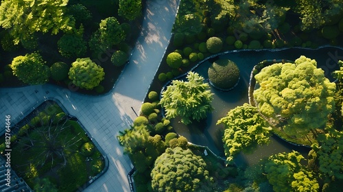 Aerial view of ornamental garden or park with green foliage : Generative AI