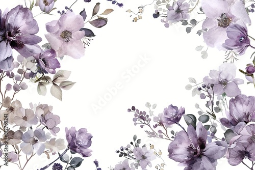Pre made templates collection  frame - cards with purple flower bouquets  leaf branches. Wedding ornament concept. Floral poster  invite. Greeting card  invitation design background  birthday party.