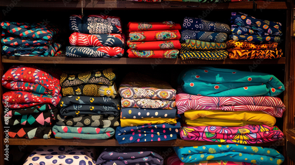 A colorful array of folded t-shirts displayed on a shelf, showcasing various patterns and designs suitable for different fashion tastes.