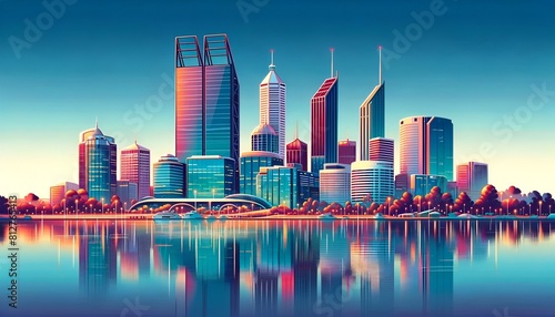 Illustration for western australia day with a perth skyline reflecting on water. 