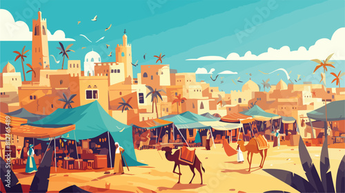 Arabian cityscape with stalls and tents in the mark photo