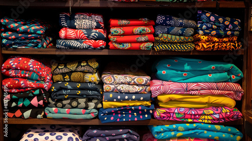 A colorful array of folded t-shirts displayed on a shelf, showcasing various patterns and designs suitable for different fashion tastes.