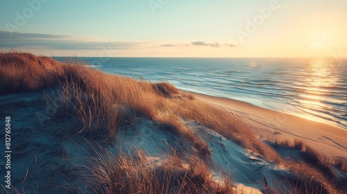 Inviting Sunset View over ocean from dune over North Sea and Canal in Ouddorp Zeeland Province the Netherlands Outdoor scene of coast in nature of Europe : Generative AI photo
