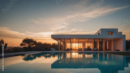 Modern Oasis  Sunset Glow Illuminating a Minimalist Cubic Villa with Pool