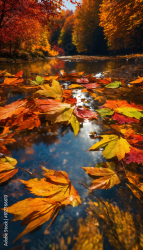 autumn leaves reflected in water