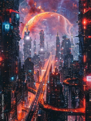 Futuristic Holographic Dimensional Travel Gateway with Vibrant Neon Skyline in Sci-Fi Cityscape