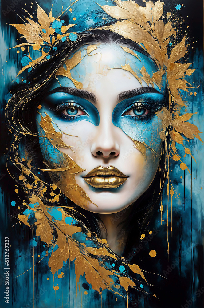 Abstract artwork of a woman with turquoise and golden brushwork - Generative AI Abstract artwork of a woman with turquoise and golden brushwork - Generative AI