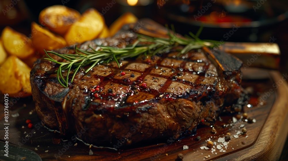 Medium rare grilled Tomahawk beef steak on board Medium rare grilled Tomahawk beef steak on board