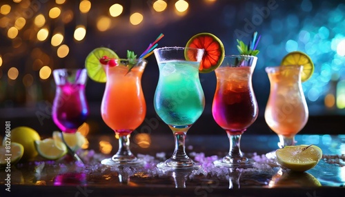 colorful cocktails in a glass on the bar counter neon lights on dark night background with lights