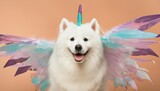 white eskimo dog as unicorn with wings on peach pastel background