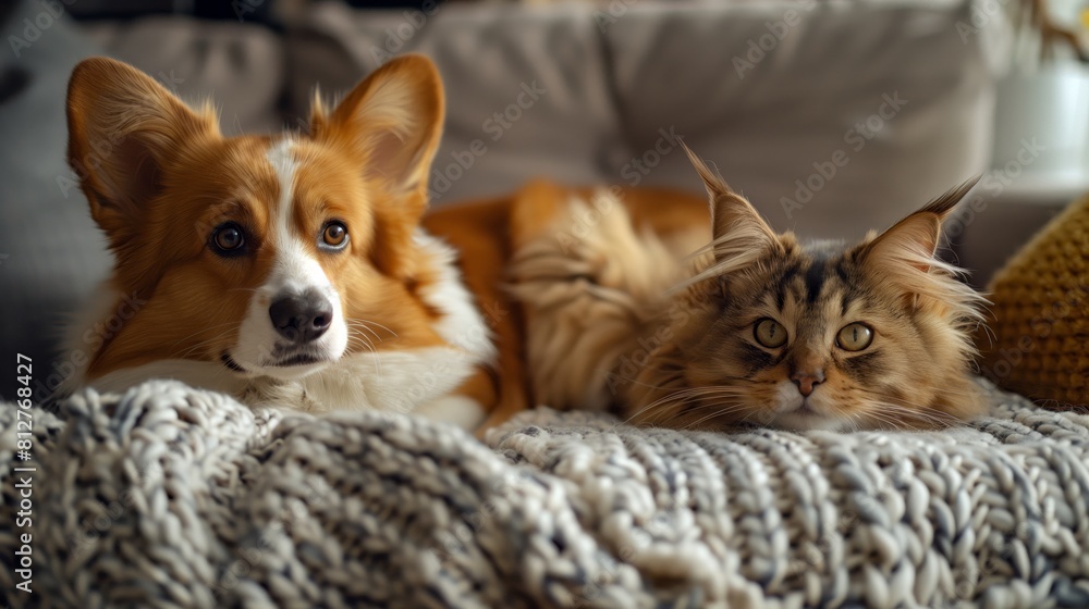welsh corgi dogs and cat on sofa at home