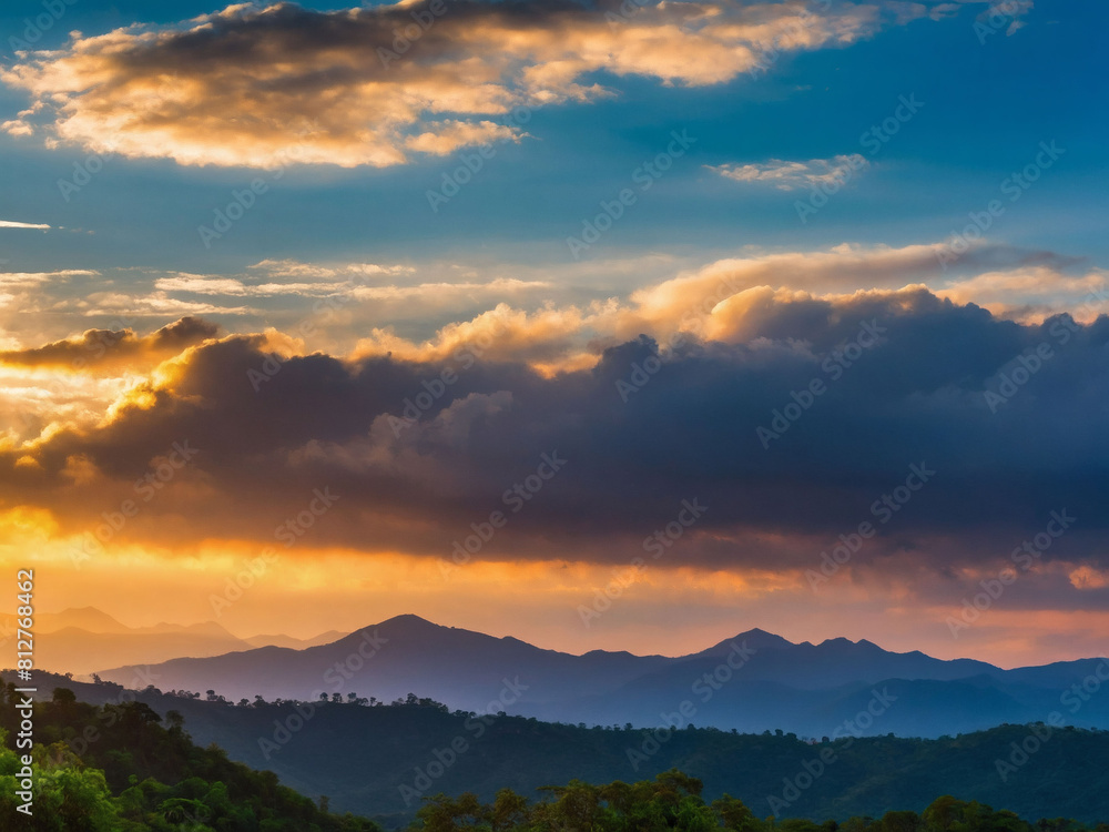 Morning Bliss, Bright Sunrise Casts Its Glow Over Lush Mountains, Accompanied by Wisps of Clouds Against a Pristine Blue Sky. Morning Bliss, Bright Sunrise Casts Its Glow Over Lush Mountains, Accompanied by Wisps of Clouds Against a Pristine Blue Sky.