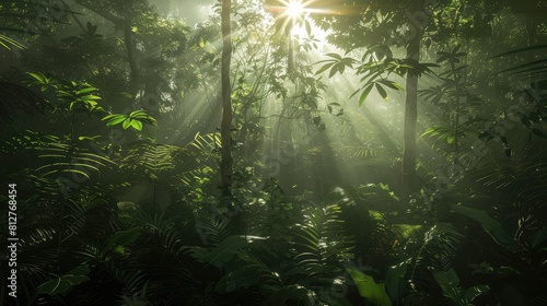 Dark rainforest, sun rays through the trees, rich jungle greenery