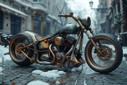 Digital artwork of old motorcycle is sitting on a cobblestone street