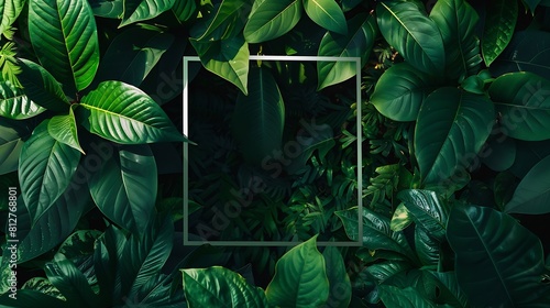 Square frame with leaves and Square frame background Creative layout made of tropical and leaves with green paper card note Blank for advertising card or invitation Flat lay Nature con   Generative AI