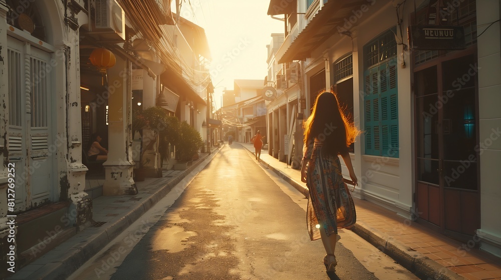 Boho girl walking on the city street Travelling in Phuket Old Town in Thailand : Generative AI