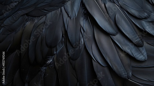 Halloween background with black raven feathers on dark grunge backdrop Horror gothic abstract design with copyspace Closeup of bird wing texture : Generative AI
