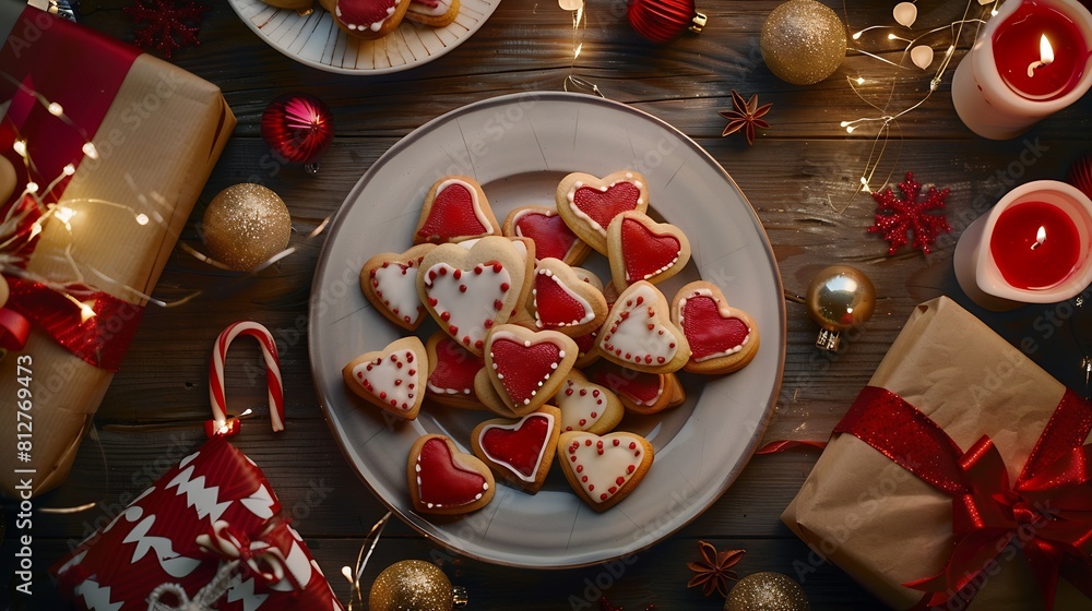 Top view of layout of sweet heart shaped Christmas biscuits on plate and assorted wrapping materials on table : Generative AI Top view of layout of sweet heart shaped Christmas biscuits on plate and assorted wrapping materials on table : Generative AI