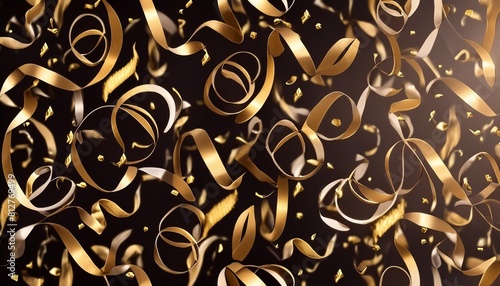 realistic falling gold confetti and streamers seamless pattern on transparent background