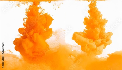 set of orange acrylic ink colored smoke watercolor splashes in water abstract background color explosion elements for design isolated on white and transparent background photo