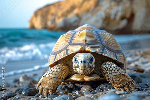 African spurred tortoise (Geochelone sulcata) on the seashore photo