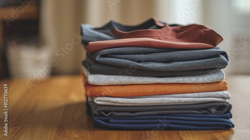 A neatly folded stack of t-shirts in various colors and styles, showcasing the versatility of casual fashion.
