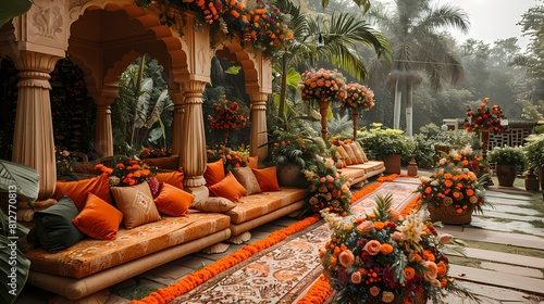 A beautifully decorated outdoor Barat venue with vibrant floral arrangements, ornate arches, and comfortable seating areas, creating a magical ambiance as if captured by an HD camera photo