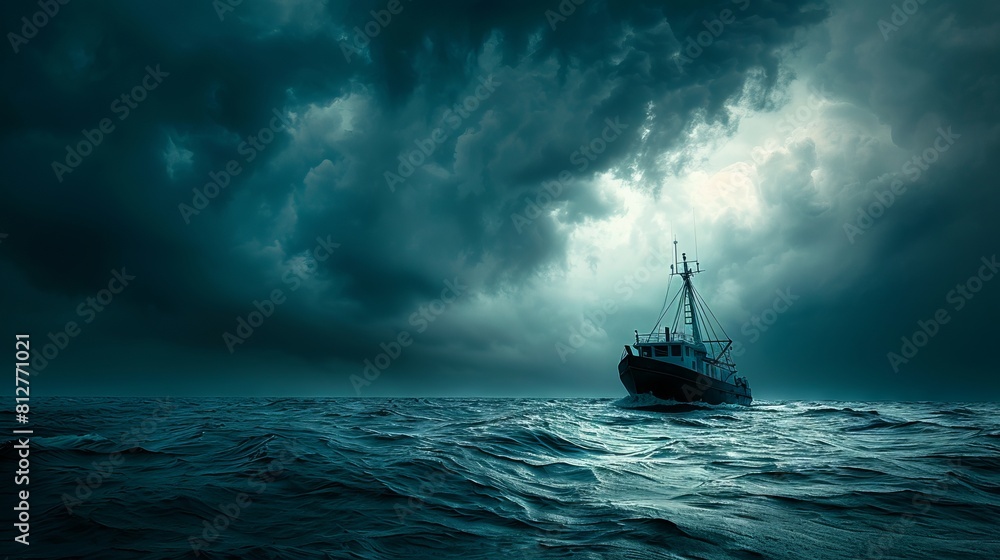 Dramatic contrast between stormy skies and small ship on restless sea.