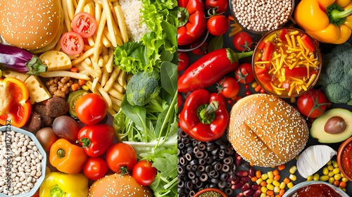 Visual Comparative Study: Vegan Diet Benefits Versus Unhealthy Fast Food photo