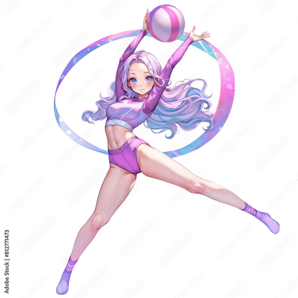 Cute gymnast girl with a ball on transparent background. Athletic and rhythmic gymnastics sport concept. Anime illustration for sticker, poster, banner, set, elements for design Cute gymnast girl with a ball on transparent background. Athletic and rhythmic gymnastics sport concept. Anime illustration for sticker, poster, banner, set, elements for design