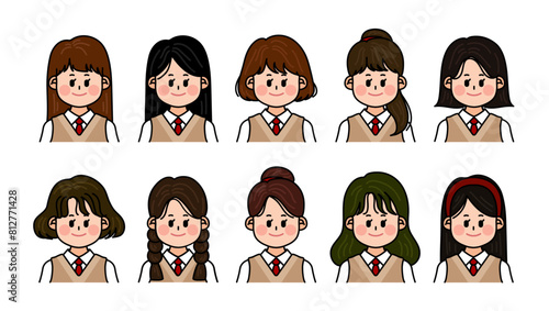 High school girls in school uniforms. Various hairstyles and faces. Set of people, Set of faces