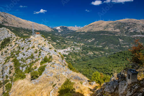 The panorama of the valley seen from the small village of Castrovalva; in the province of L'Aquila in Abruzzo; municipality of Anversa degli Abruzzi. Immersed in the nature of the green mountains.