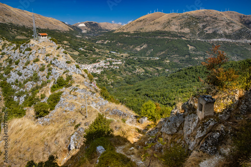 The panorama of the valley seen from the small village of Castrovalva; in the province of L'Aquila in Abruzzo; municipality of Anversa degli Abruzzi. Immersed in the nature of the green mountains.