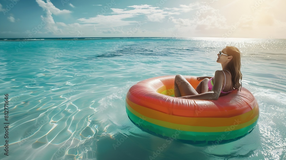 Woman on lilo in the sea water Girl relaxing on inflatable ring on the beach Summer vacations idyllic scene : Generative AI Woman on lilo in the sea water Girl relaxing on inflatable ring on the beach Summer vacations idyllic scene : Generative AI