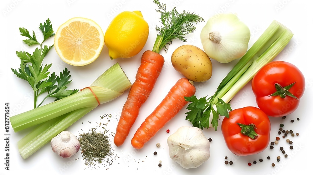Fresh vegetables isolated on white background Cabbage celery potato pepper onion carrot garlic lemon tomato and herbs creative arrangement Healthy eating concept Flat lay top view : Generative AI Fresh vegetables isolated on white background Cabbage celery potato pepper onion carrot garlic lemon tomato and herbs creative arrangement Healthy eating concept Flat lay top view : Generative AI