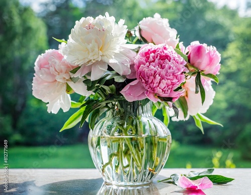 glass vase on the table with blooming pink peonies photo