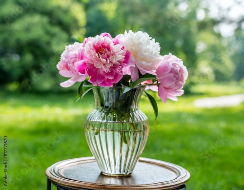 glass vase on the table with blooming pink peonies photo