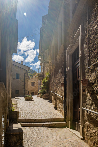 A glimpse of the small village of Castrovalva, in the province of L'Aquila in Abruzzo, part of the municipality of Anversa degli Abruzzi. Immersed in the nature of the green mountains of Abruzzo.