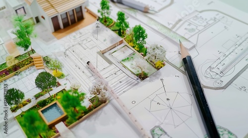 layout plan of home landscape design or garden design rough sketching by hand with black pencil circle template ruler and scale ruler on white paper with English and Thai language in p : Generative AI photo