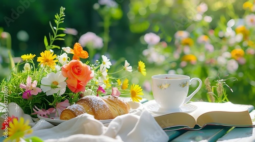 Bouquet of meadow flowers croissant cup of tea or coffee books on table in summer garden Rest in garden reading books breakfast vacations in nature concept Summertime in garden on back : Generative AI photo