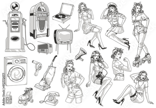 Retro popculture set sticker monochrome