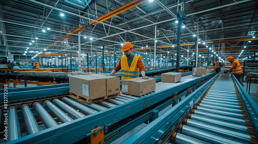 Naklejka premium Worker in Safety Gear Handling Boxes at Modern Industrial Warehouse