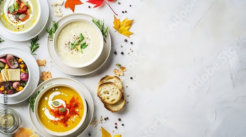 Flatlay of creamy homemade soup in plates with bread slices over white plain table background top view copy space Autumn Winter creamy vegan soups vegetarian food menu comfort food con : Generative AI