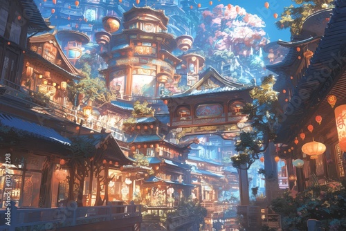 A Chinese street with lanterns hanging  in the style of anime  with beautiful lighting